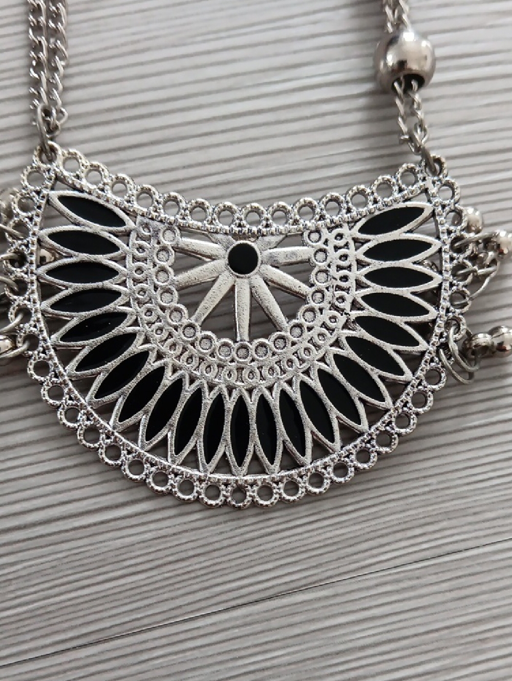 Silver Filigree Fan Pendant Necklace - Black Accents